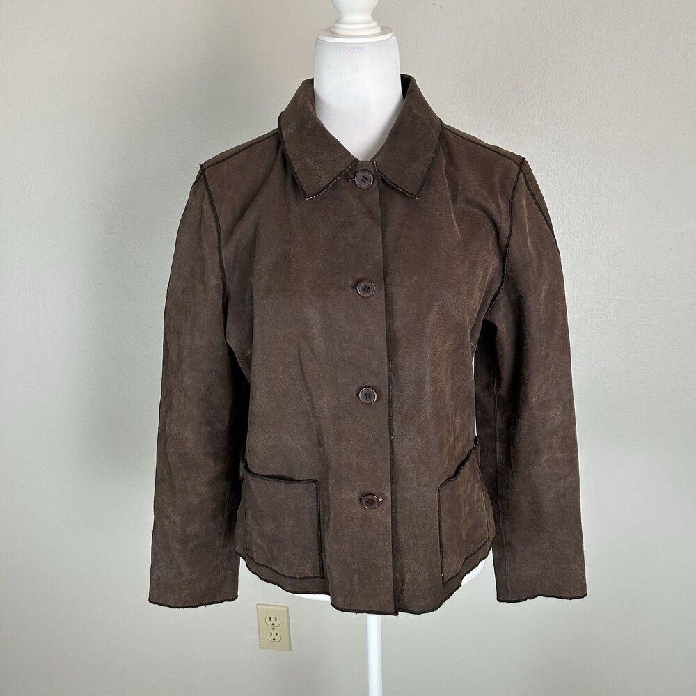 Vintage Women’s M Genuine Leather Jacket Brown Piping Distressed Button Shirt